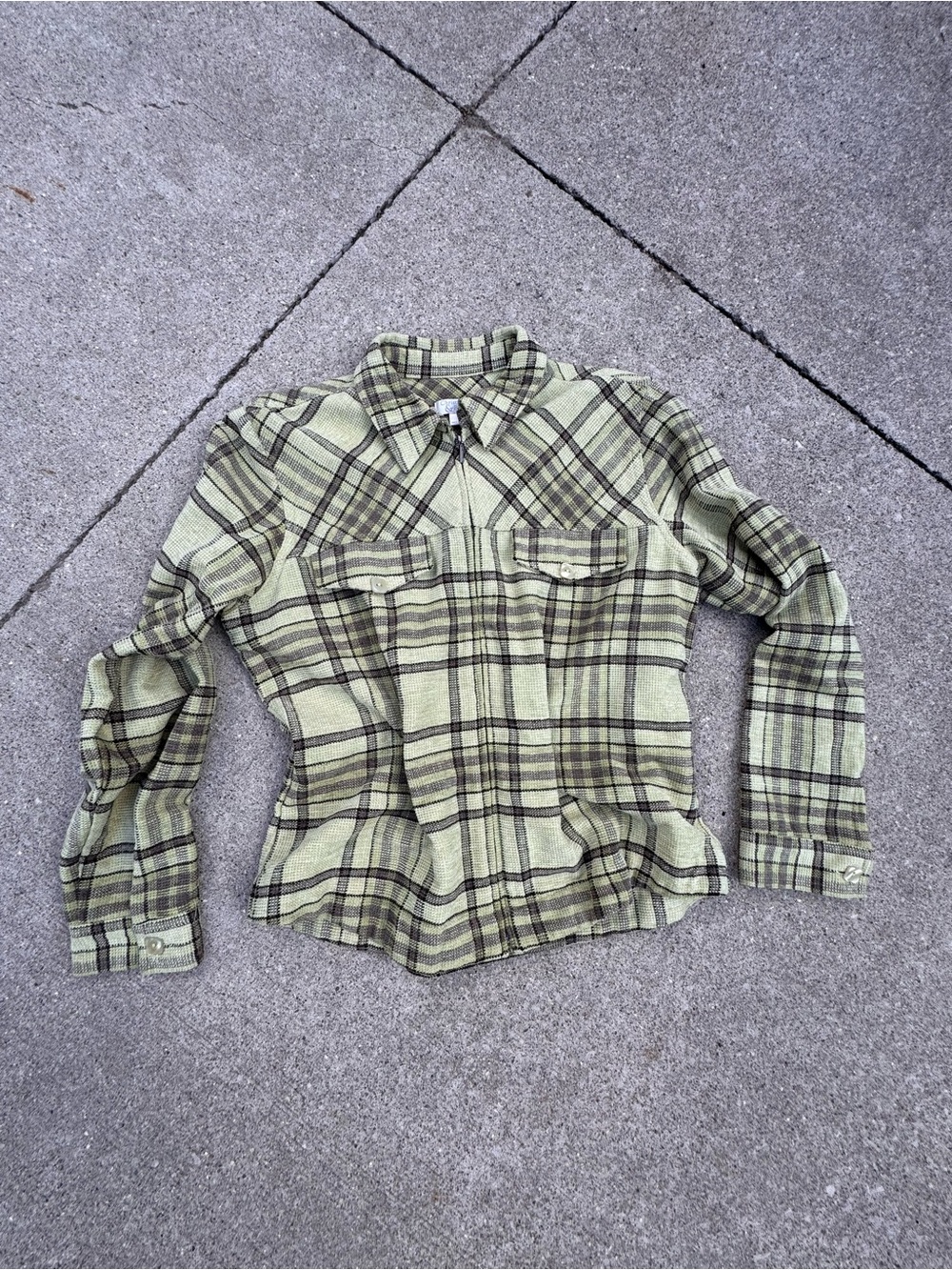 Christopher & Banks Olive Green Plaid zip up-Front Shirt